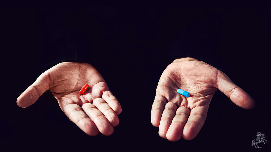 Red Pill Blue Pill concept. The right choice the concept of the movie matrix. The choice of tablets