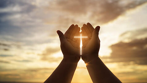 Human hands open palm up worship. Eucharist Therapy Bless God Helping Repent Catholic Easter Lent Mind Pray. Christian concept background.