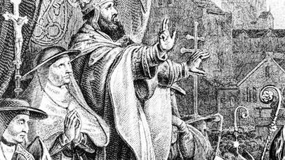 Papst Urban II. ruft zum Kreuzzug auf. Stahlstich um 1800.