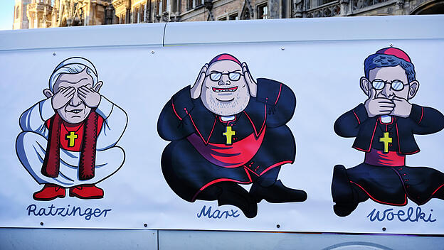 Karikatur von Bischöfen zum Umgang mit Missbrauch in der Kirche
