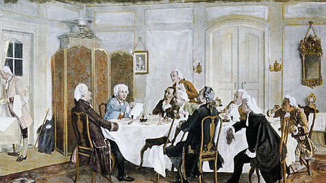 Kant und seine Tischgenossen, kolorierter Holzstich von Emil Doerstling