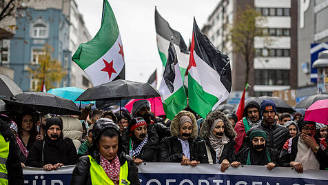 Zahlreiche Menschen halten bei einer Pro-Palästina-Kundgebung Plakate und Fahnen in den Händen.