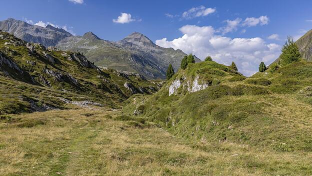 Blick zur Passhöhe mit Piz Gannaretsch. Inmitten der unberührten Natur der Alpen bei Tessin lebt Gabriel Bunge.