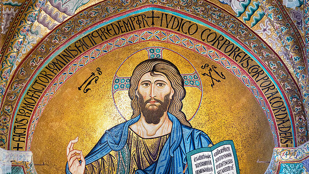 Golden Christ mosaic in Cefalu Cathedral in Sicily.
