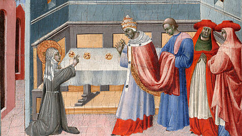 Die heilige Klara von Assisi segnet das Brot vor Papst Innozenz IV. Gem&auml;lde von Giovanni di Paolo