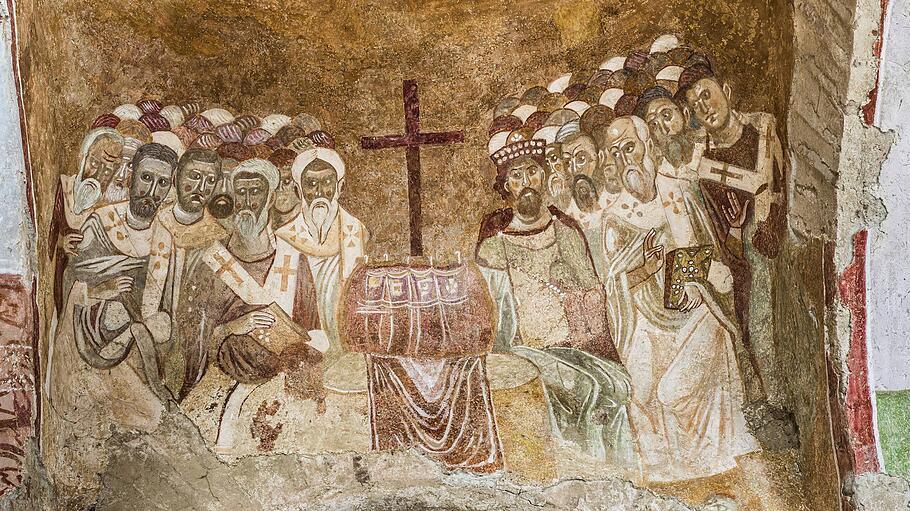 Erstes Konzil von Nicäa, Kaiser Konstantin I. im Jahre 325, byzantinisches Fresko in der Basilika St. Nikolaus.