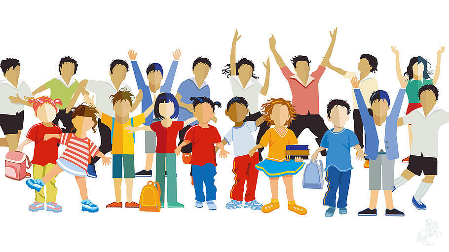 19 Schulkinder-.jpg Eine grosse Schulkinder Gruppe vergnügt beisammen, Illustration isoliert Copyright: xZoonar.com/scus