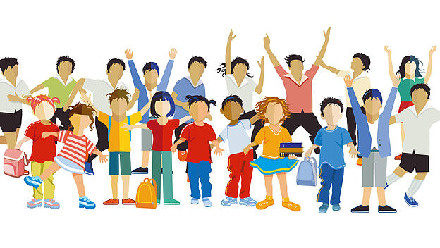 19 Schulkinder-.jpg Eine grosse Schulkinder Gruppe vergnügt beisammen, Illustration isoliert Copyright: xZoonar.com/scus