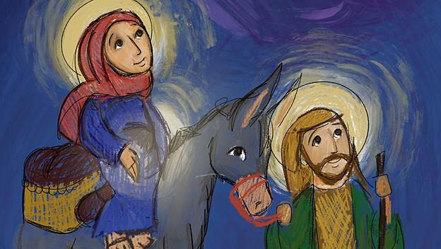Maria und Josef machen sich auf dem Weg nach Bethlehem, dem „Haus des Brotes“, wo Jesus geboren wird.