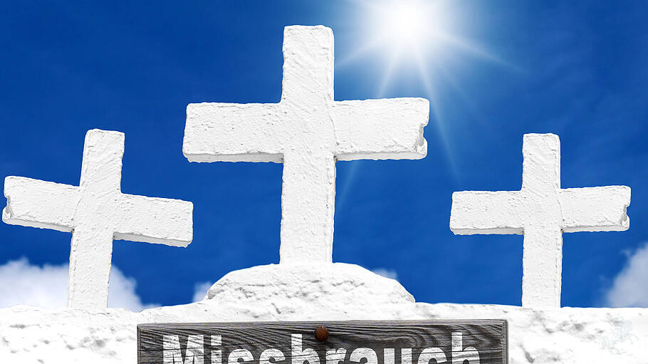 Bavaria, Germany - May 10, 2025: PHOTOMONTAGE, three white crosses with the sign Abuse symbolize church scandals, veiled