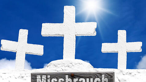 Bavaria, Germany - May 10, 2025: PHOTOMONTAGE, three white crosses with the sign Abuse symbolize church scandals, veiled