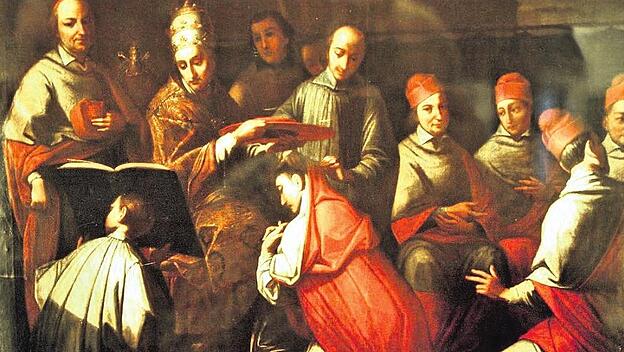 Aus den Händen von Papst Nikolaus V. erhält Nikolaus Cusanus den Kardinalshut.
