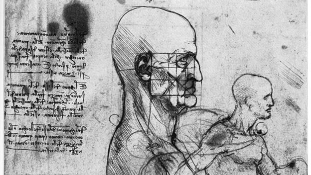Zeichenstudie Leonardo da Vincis mit einem menschlichen Kopf, einem Körper und einem Reiter.