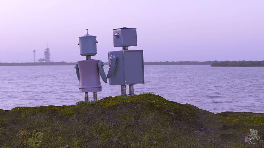 Roboterpaar blickt melancholisch auf Gewässer