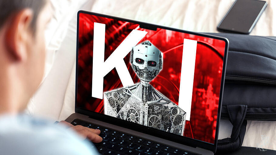 Ein Mensch schaut auf einen Bildschirm auf dem eine Künstliche Intelligenz mit einem humanoiden Roboter abgebildet ist