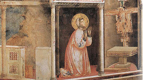 Heilige Franziskus sieht sich in einer Vision vom Kreuz her angesprochen