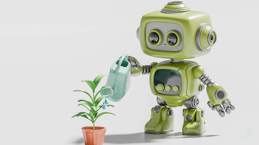 3D rendering of a cute green robot watering a potted plant