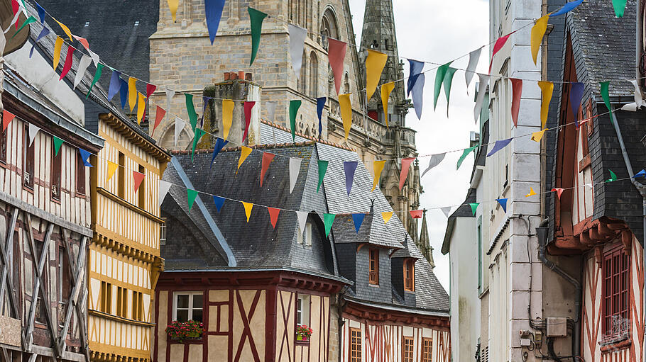 Street with colorful houses in a medieval city of Vannes, France, FRANCE, VANNES - SEPTEMBER 22: st
