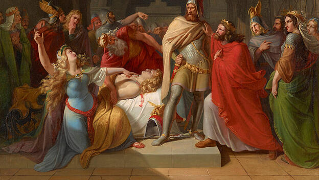 Kriemhild beschuldigt Hagen des Mordes an Siegfried, Gemälde von Carl Rahl (1835).