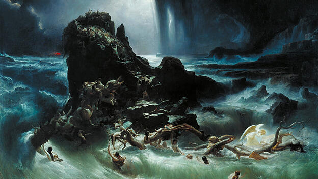 Selbst der Engel (unten rechts) erträgt die Gewalt der Flut nicht: Francis Danby, „The Deluge“, 1840.