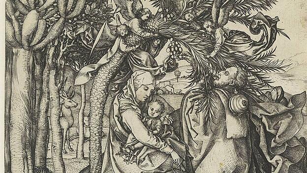 Engel beugen die Palme für die Heilige Familie. Ein Stich von Martin Schongauer aus dem 15. Jahrhundert.