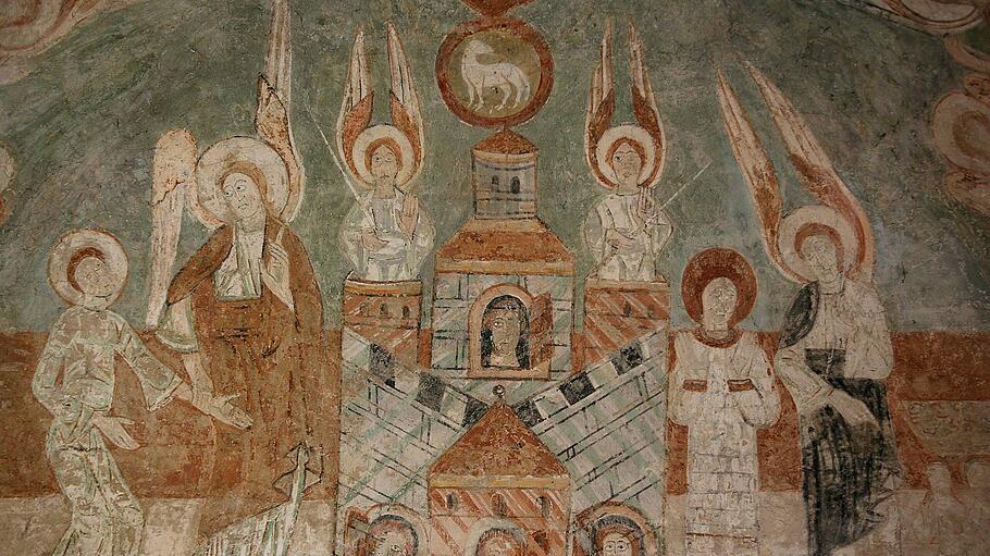 Das himmlische Jerusalem auf einem romanischen Fresko aus dem 12. Jahrhundert in der Abteikirche von Saint-Chef in Frankreich (Detail).