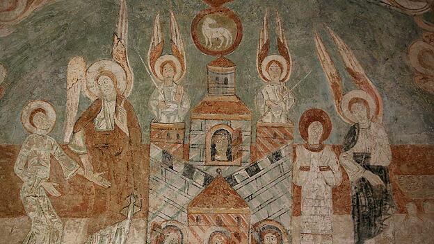 Das himmlische Jerusalem auf einem romanischen Fresko aus dem 12. Jahrhundert in der Abteikirche von Saint-Chef in Frankreich (Detail).
