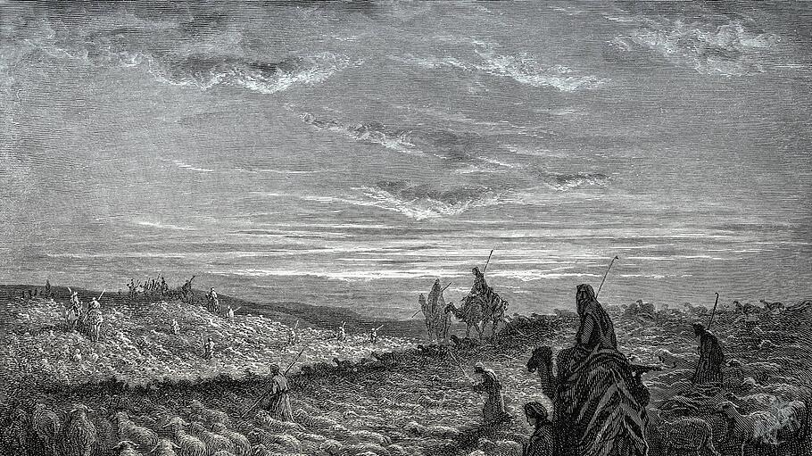 Abraham geht in das Land Kanaan, Altes Testament, Holzschnitt von Gustave Doré Abraham Goes to the Land of Canaan, Old T