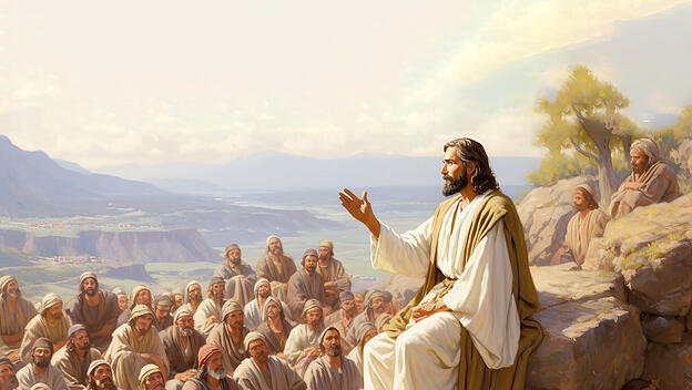 Painting of Jesus Christ speaking to the crowd by parables next to the Jerusalem city Generative AI Illustration