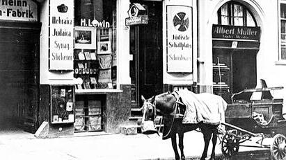 Pferdefuhrwerk vor dem Buch- und Schreibwarengeschäft H. Lewin, 1930