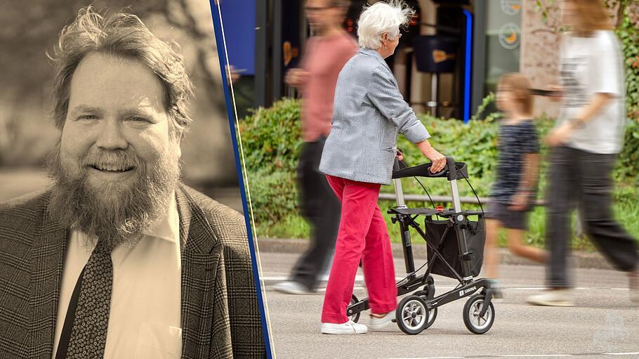 Streit um Rente: Alte Frau mit Rollator und junge Menschen auf der Straße