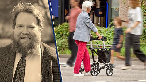 Streit um Rente: Alte Frau mit Rollator und junge Menschen auf der Stra&szlig;e