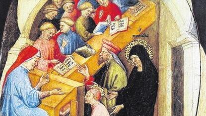 Augustinus wird von seinen Eltern in die Schule gebracht. Gemälde von Niccolo di Pietro (1413–1415).