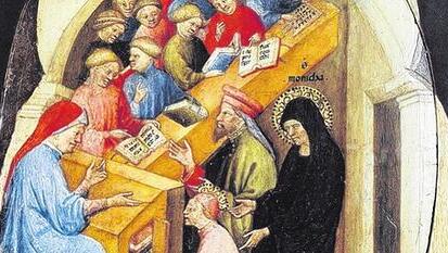 Augustinus wird von seinen Eltern in die Schule gebracht. Gemälde von Niccolo di Pietro (1413&ndash;1415).