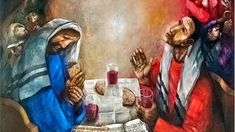 Sieger Köder: Emmaus. Die Begegnung der Emmaus-Jünger mit Jesus lehrt uns etwas über die heilige Messe.