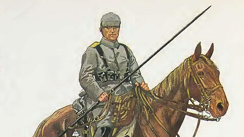 Reiter des Bayerischen 1. Schweres-Reiter-Regiments in feldgrauer Uniform, 1915