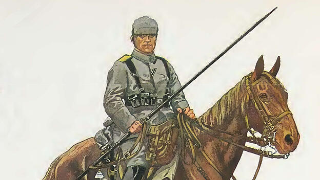 Reiter des Bayerischen 1. Schweres-Reiter-Regiments in feldgrauer Uniform, 1915