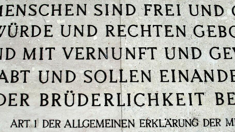 Artikel 1 der Erklärung der Allgemeinen Menschenrechte an der Außenwand des österreichischen Parlamentsgebäudes in Wien