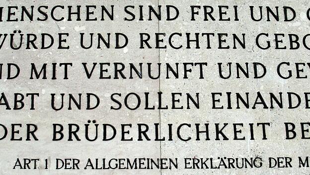 Artikel 1 der Erklärung der Allgemeinen Menschenrechte an der Außenwand des österreichischen Parlamentsgebäudes in Wien