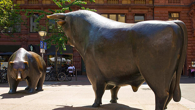 Bulle und B&auml;r auf dem Boersenplatz , Deutschland, Hessen, Frankfurt am Main statues of the the bear and