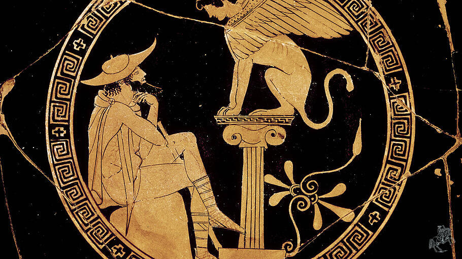 Der junge Ödipus sinnt über das Rätsel der Sphinx nach.