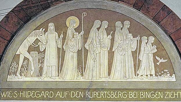 "Wie Hildegard auf den Rupertsberg bei Bingen zieht",  Freskenzyklus von Paulus Krebs OSB (1908&ndash;1913)