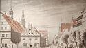 Caspar David Friedrich, Greifswalder Marktplatz mit der Familie Friedrich im Jahr 1818; Feder mit Aquarell.