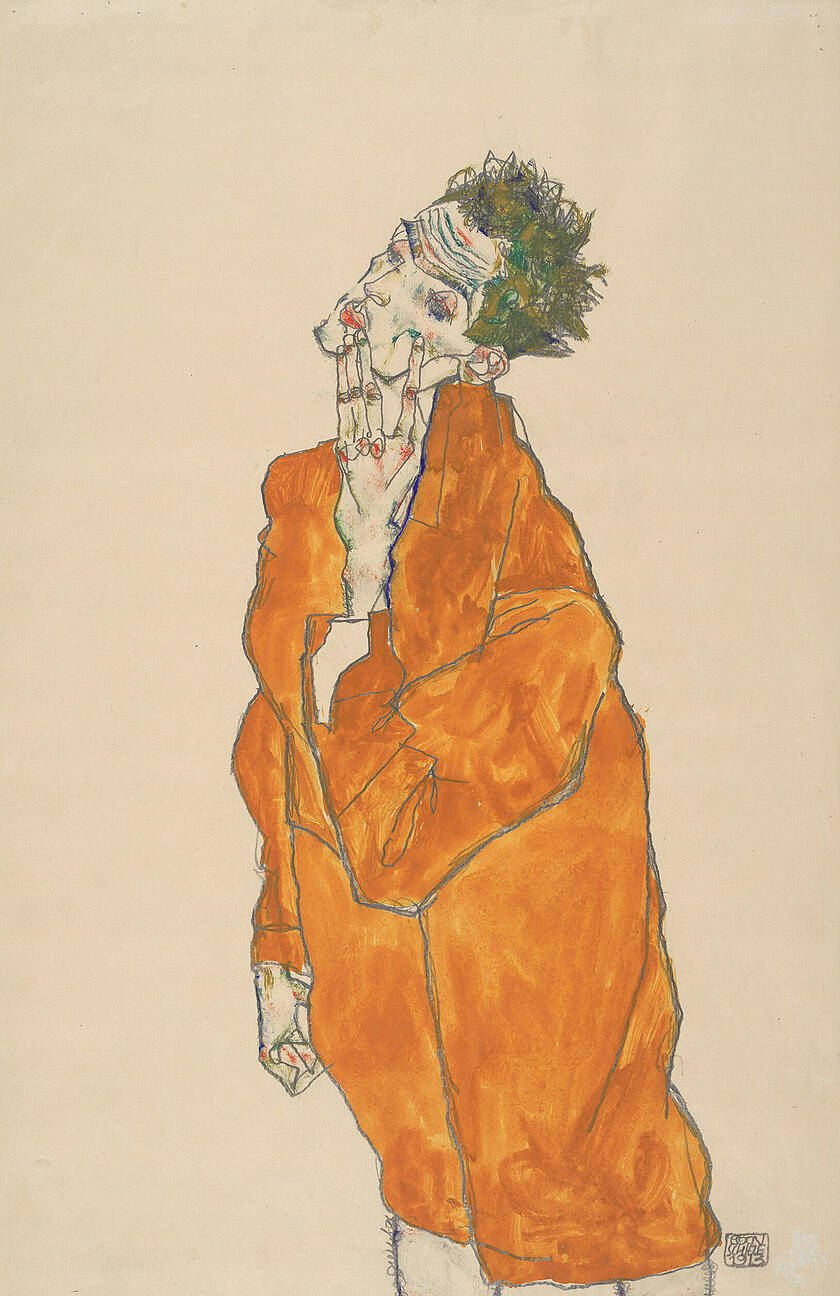er von Gustav Klimt geförderte Egon Schiele gehört zu den herausragenden Künstlern der Wiener Moderne – hier ein Selbstbildnis in charakteristischer Handschrift aus der Sammlung der ALBERTINA.
