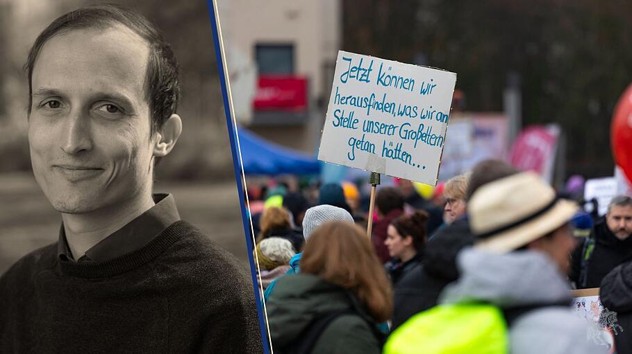 Onlineredakteur Jakob Ranke, Frank-Walter Steinmeier, Bischof Georg Bätzing, Teilnehmer beim "Fest der Demokratie" in Gießen