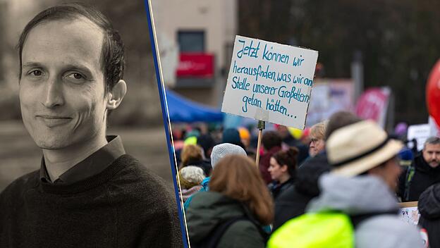 Onlineredakteur Jakob Ranke, Frank-Walter Steinmeier, Bischof Georg Bätzing, Teilnehmer beim "Fest der Demokratie" in Gießen