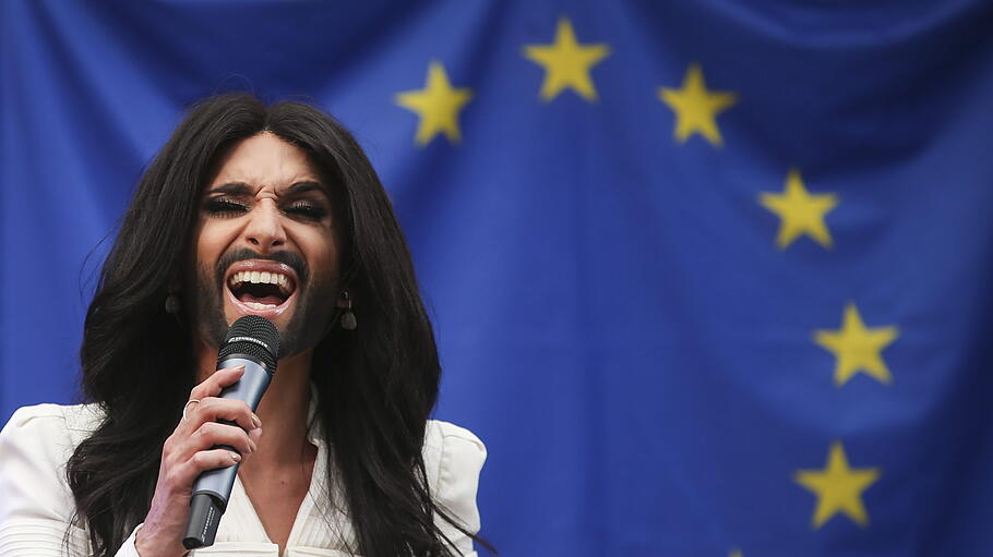 Eurovision Song Contest winner Conchita Wurst of Austria sings du