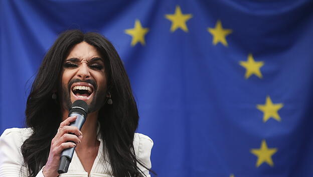 Eurovision Song Contest winner Conchita Wurst of Austria sings du
