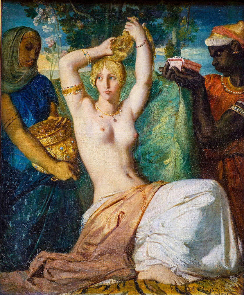 Esther als Frauenakt in biblischer Umgebung; Th&eacute;odore Chass&eacute;riau, Louvre.