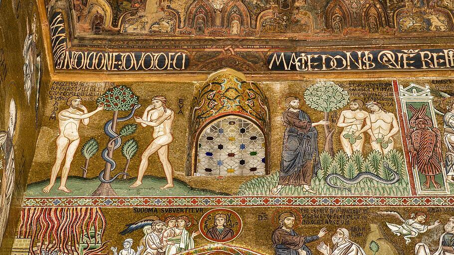 Ein byzantinisches Mosaik im Palazzo dei Normanni in Sizilien zeigt den S&uuml;ndenfall.